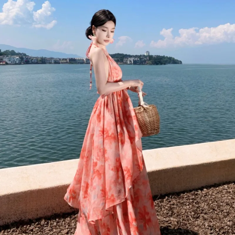 Falda grande de estilo bohemio, vestido de vacaciones junto al mar con estampado de flores, vestido con cuello en V para mujer, vestido largo de playa de verano 2025