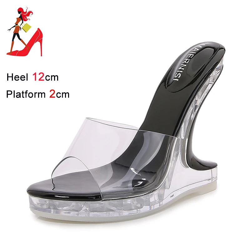 Women Summer Transparent Heel Slipper Platform High Heels 2024 New Outdoors Perspex Shoes 12CM Strange Style PVC Crystal Sandals