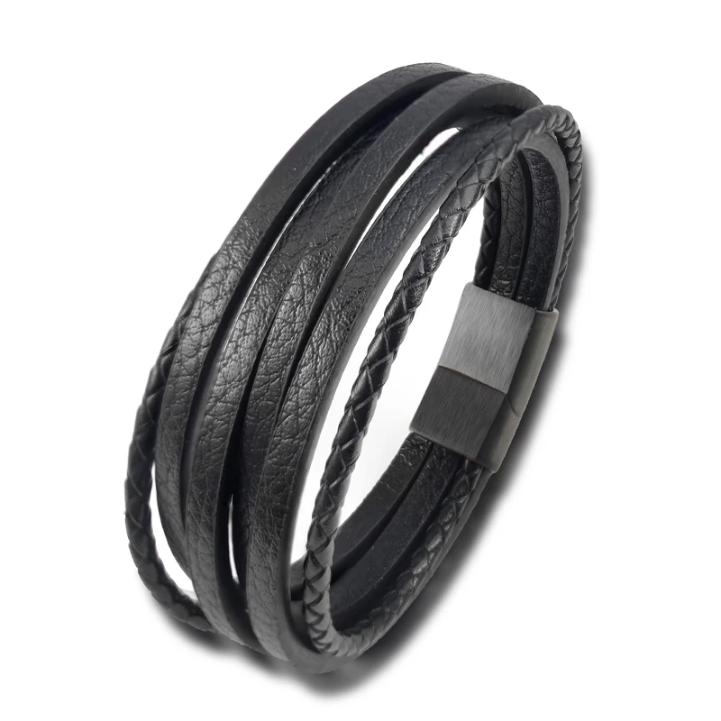 Hot Sale Multi-layer Leather Bracelet Stainless Steel Metal Luxury Bangles For Men Charm Accessories For Friend Husband Gifts