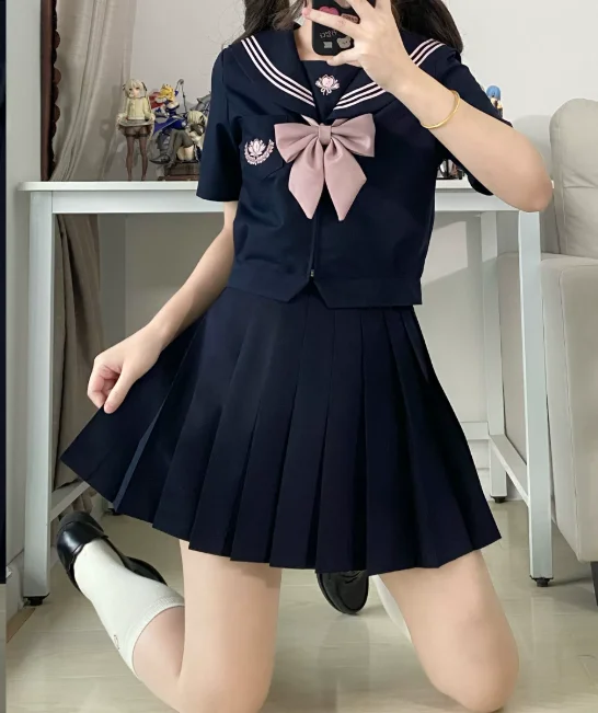Cute Japanese Jk Short Sleeve Navy Collar Shirt Fashion High Waist A-line Age-reducing College Pleated Skirt Sweet Sailor Sets