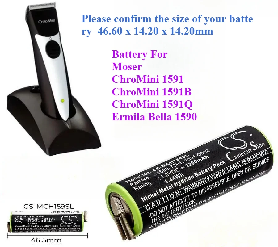 2000-mAh-Rasierakku für Moser ChroMini 1591, ChroMini 1591B, ChroMini 1591Q, Ermila Bella 1590, HINWEIS auf die Größen, DIES IST 46,5 mm