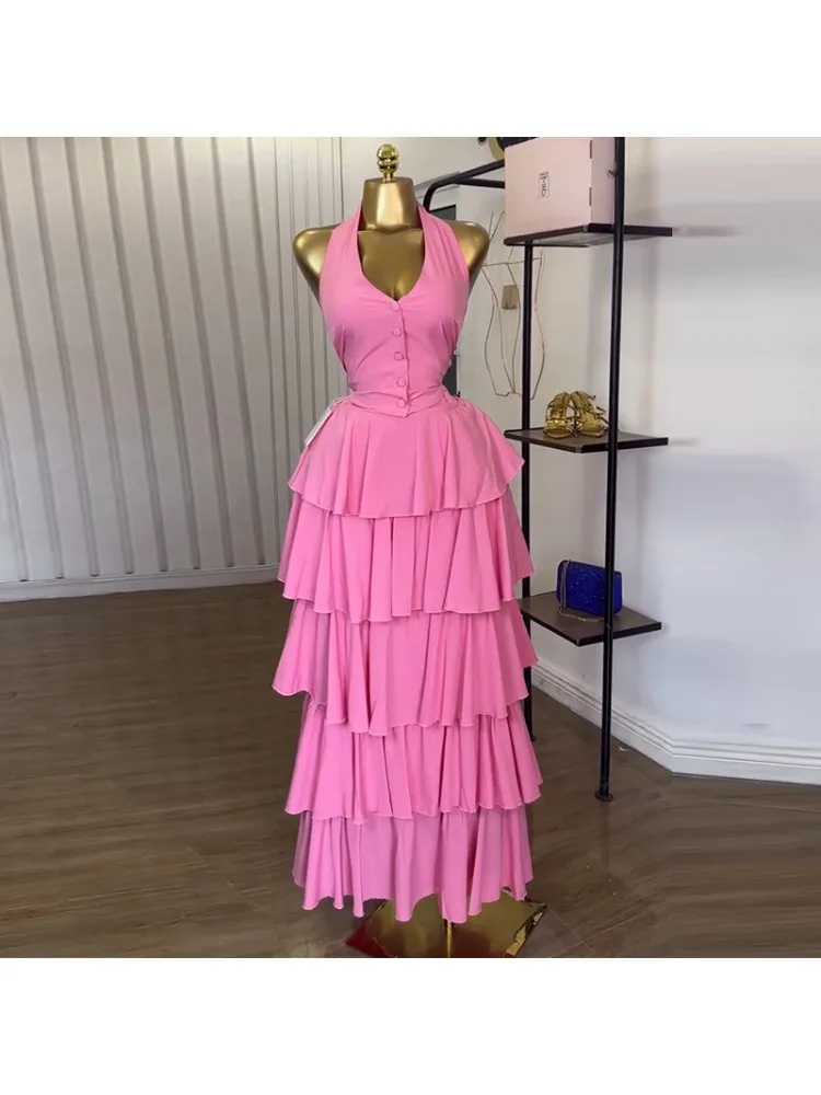 Ensemble deux pièces pour femmes, jupe à gâteau, jupe de soirée, col licou, ensemble assorti, hauts élégants, Club Y2k, Streetwear, travail, 2025