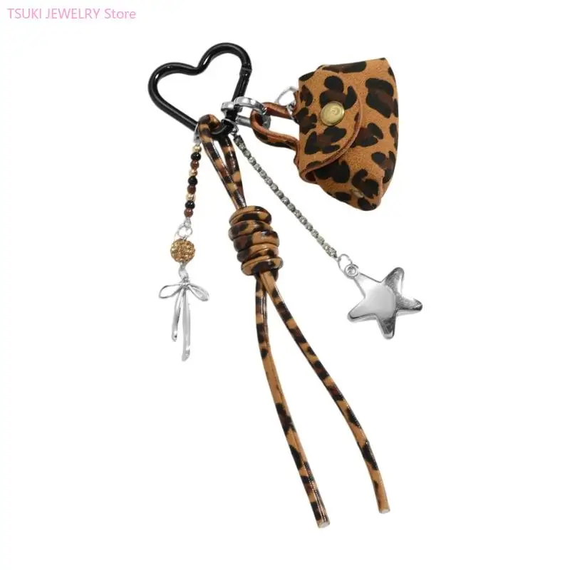 62KE Retro Leopard Print Bowknot Keychain Vintage Star Charm Zinc Alloy Coin Purse
