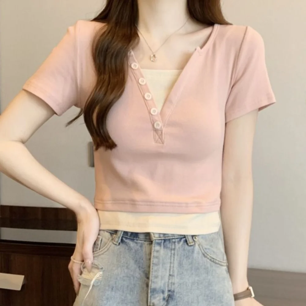 

Chic Patchwork Fake Two Pieces Top Undershirts Ins Y2K Slim Crop Top Korean Style Spicy Girl Sweet T-shirt Women Streetwear