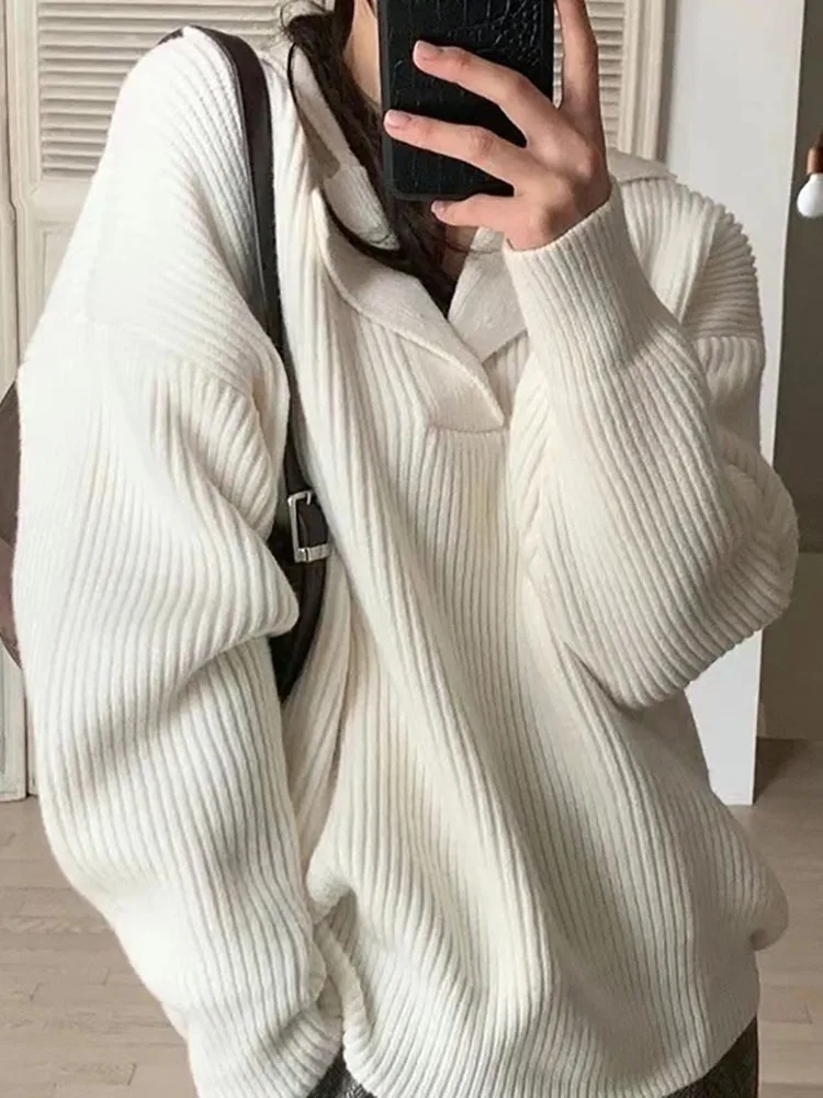 Abrini Women Cashmere Sweater Winter Thick Jumpers Knitted Ribbed Solid Sweater Winter Oversize Pullovers V-neck White Sweaters