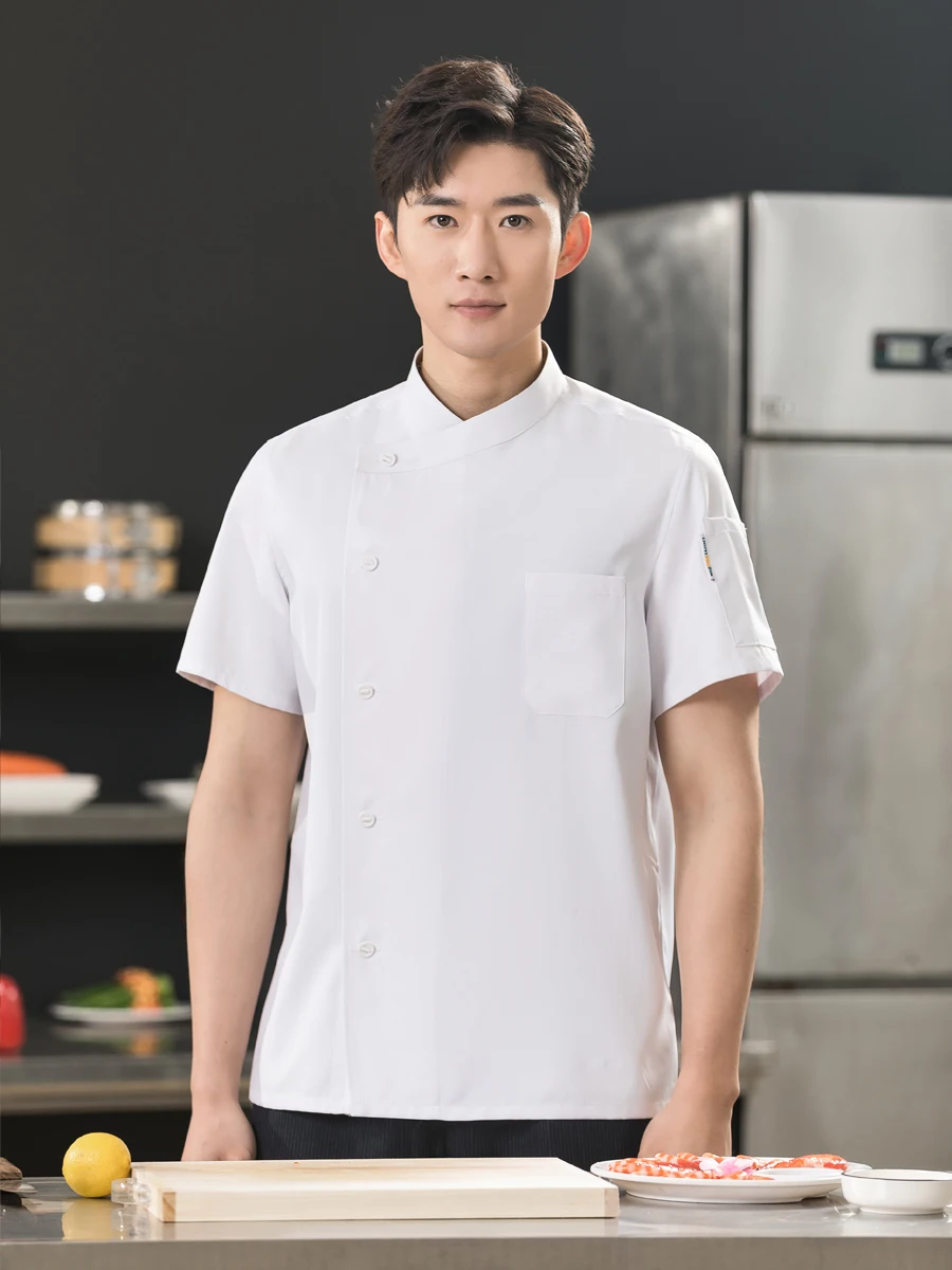 Uniforme fino de chef masculino manga curta, roupa branca de cozinha, roupa de cozinheiro, hotel e hotel, restaurante e restaurante, verão