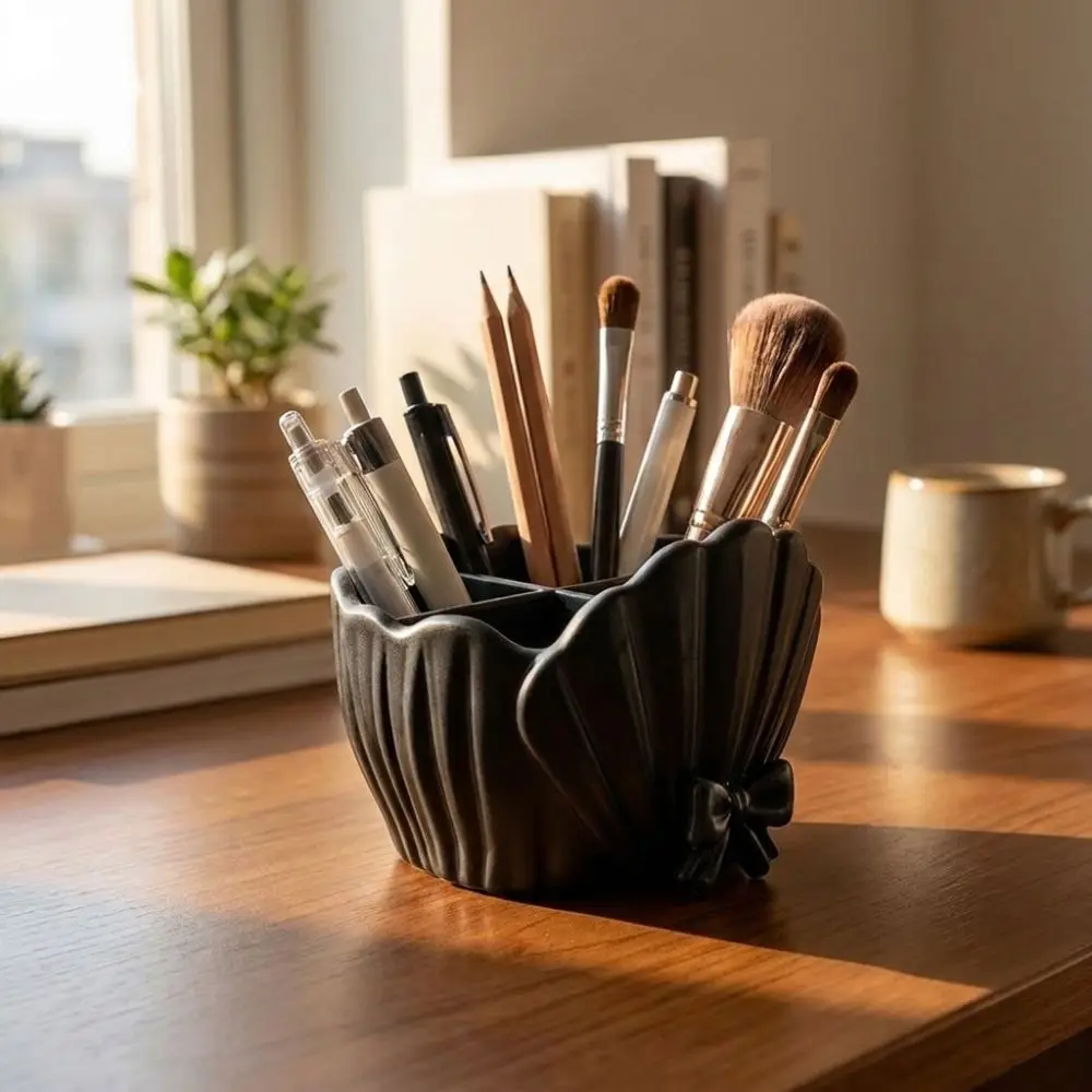 3D Printed Shell Shaped Toothbrush Holder Shell Shaped Bow Lace Makeup Brush Storage Box Decorative Four-Compartment
