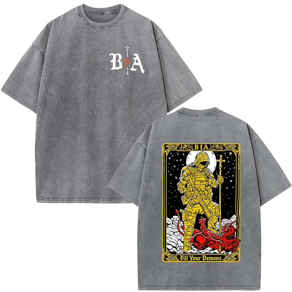 Vintage Washed I Shall No Fear Brothers in Arms Skeleton Knight T-shirt Men Women Clothing Casual Cotton Oversized T Shirts Tops
