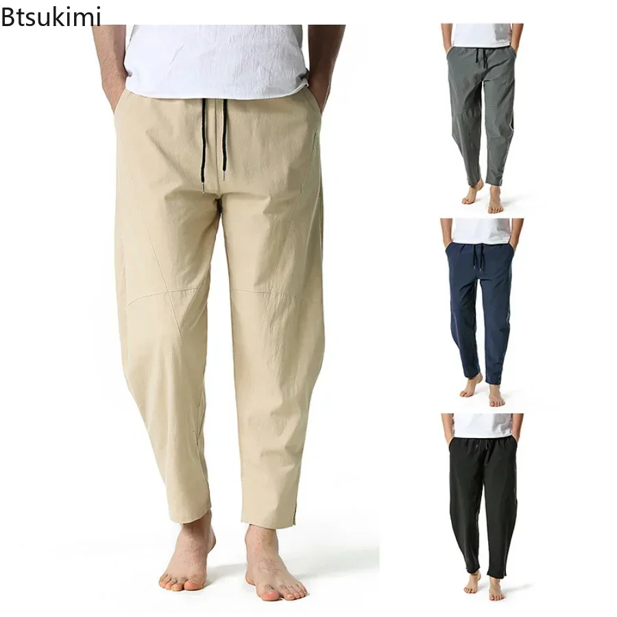 2024 New Men's Breathable Cotton Linen Casual Trousers Fashion Loose Elastic Waist Drawstring Sport Pants Men Joggers Yoga Pants