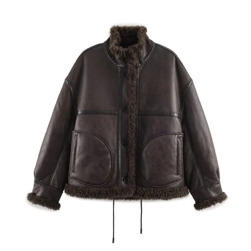 

Spring Women Reversible Jacket Fashion High Collar Long Sleeve Button Pocket Female Outerwears with Drawstring Lady Chic Tops