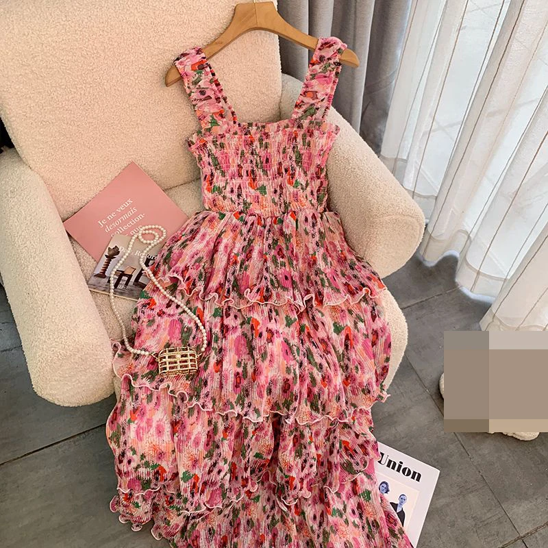 

floral suspender dress for women with a high-end feel 2023 new chic printed high waisted cake puffy vestidos