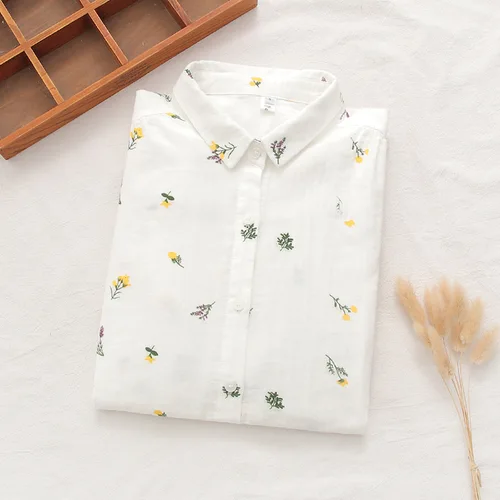Imagen 2 del producto Camisas de manga larga de algodón bordado para mujer, blusas y Tops transpirables informales holgadas blancas con estampado Floral para otoño 2025