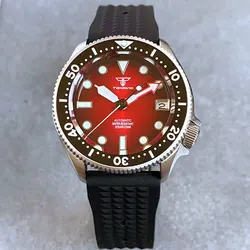 37mm Tandorio NH35A Mechanical Men‘s Wristwatch Red Sunburst Dial Sapphire Glass Date Window 20BAR Diver reloj hombre