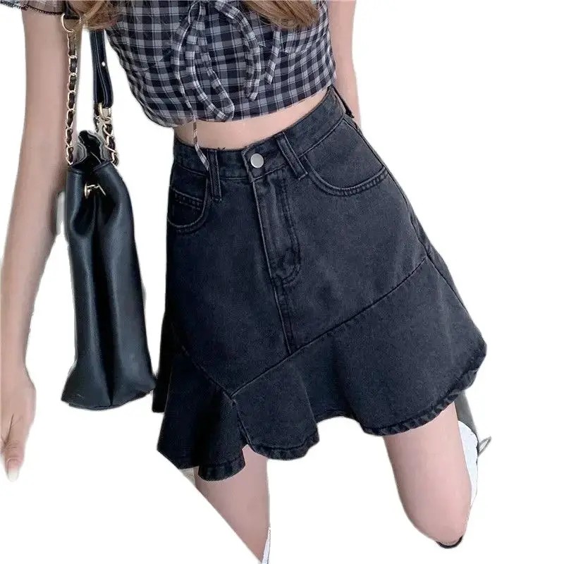 Denim Skirts Fishtail High Waist Women Solid Loose Students Mini All-Match Hipster Denim Retro Females Popular Short Skirt