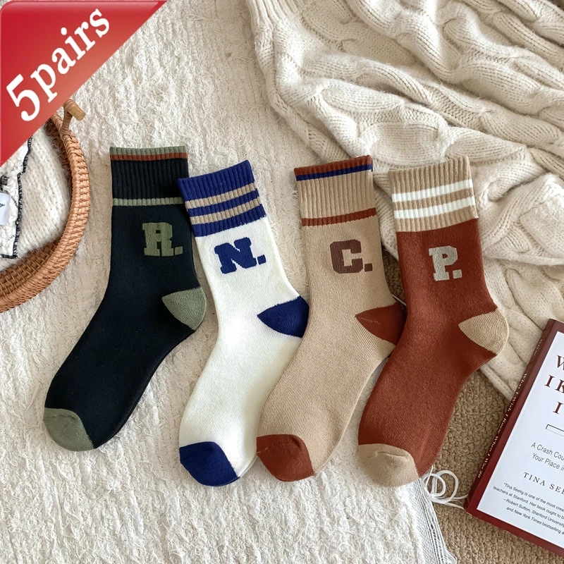 

5-парный комплект женских носков, корейский алфавит, консервативный стиль, простые модные универсальные носки средней длины, осенне-зимние толстые теплые носки