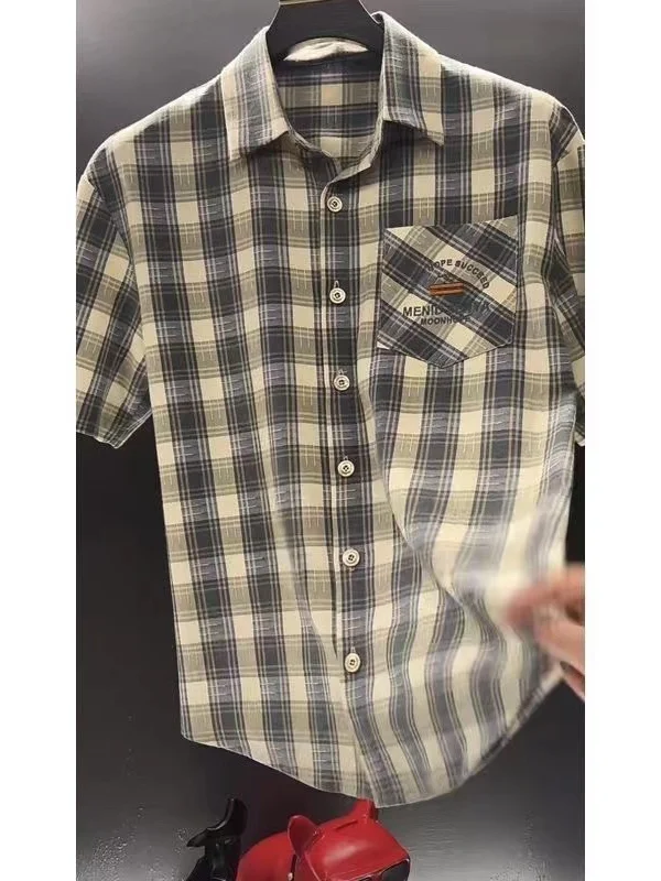 

Summer New Plaid Short Sleeve Men's Shirt Lightweight Luxury Fashion Trend Print Casual Business Thin Half Sleeve Shirt