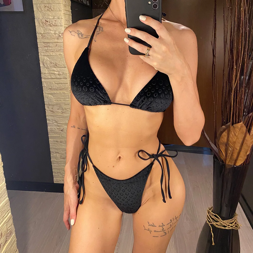 Neuer Halter-Bikini aus Samt mit hohem Beinausschnitt, Damen-Badebekleidung, zweiteiliger Bikini-Set, gepolsterter Badeanzug, Badeanzug, Schwimmbikini V4502 – Detail 2