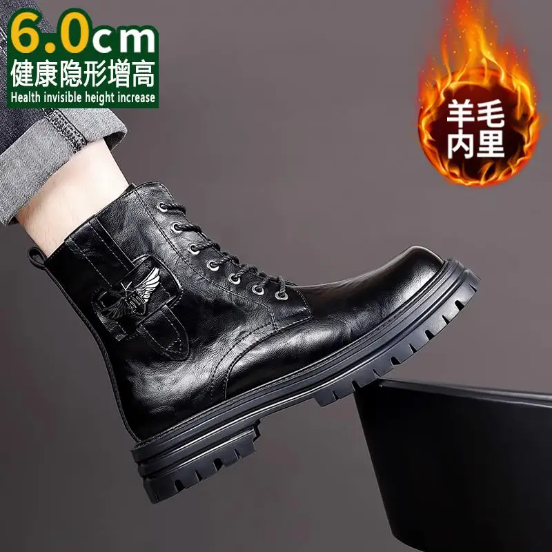 Real Leather Warm Wool Cowboy Boots for Men Thick Sole with Increased Height and Plush British Style Mid Top American Workwear