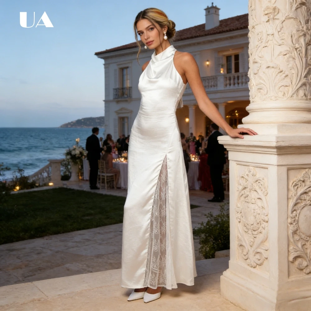 

ULBYANRY Elegant Halterneck Backless Party Dress, Customized Lace Patchwork Straight Evening Dress, Simple Sleeveless Prom Gown