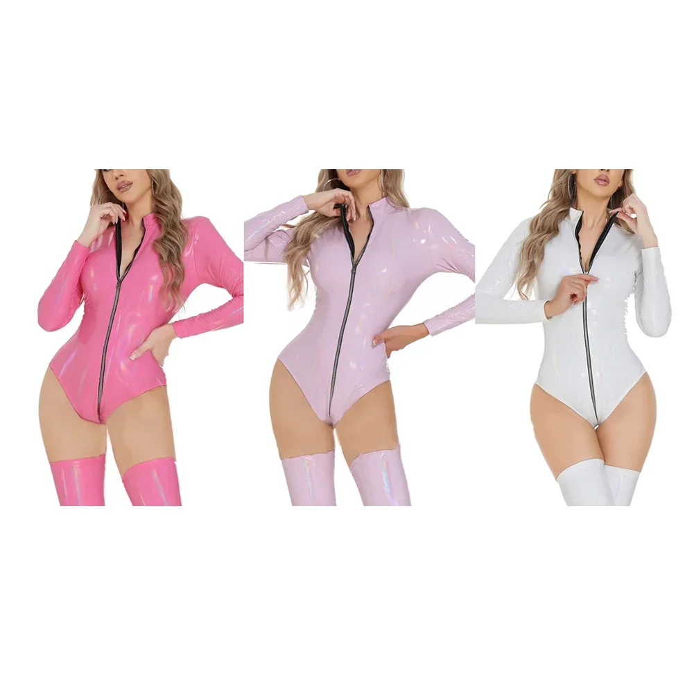 المرأة مثير طويلة الأكمام بو الجلود ارتداءها نظرة الرطب البريدي Crotchless بذلة الأسود والوردي الأحمر والأرجواني الفاتح والأبيض