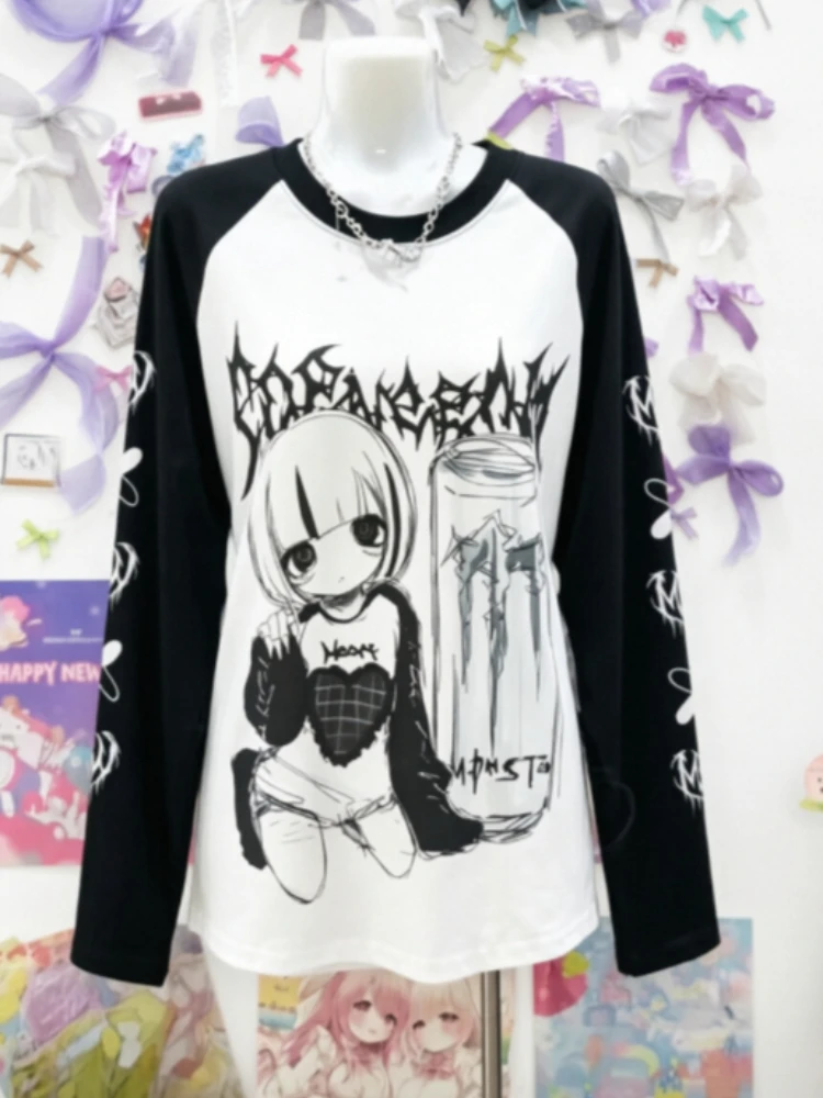 Asian Graphic Long Sleeve Tees Female Vintage American Crop Shirts Y2k Subculture Punk Tops Casual Harajuku Street Daily Wear