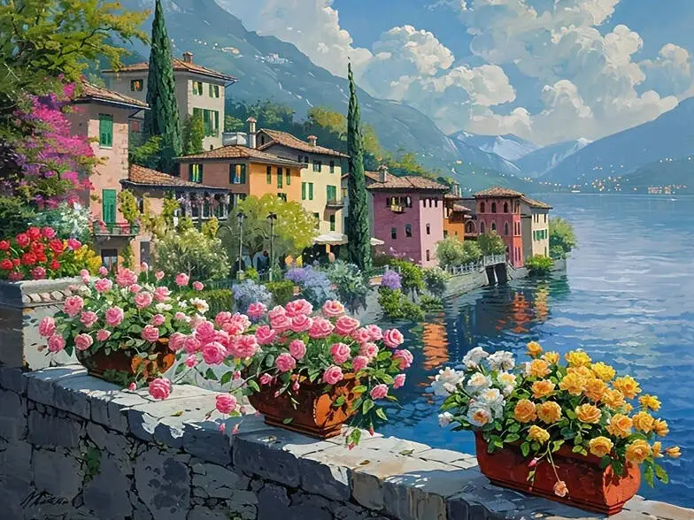 

The Coastal Scenery House Flowers 500/1000/1200/2000 PCS Jigsaw Puzzles Family Activity Games for Gameroom Bedroom Gifts