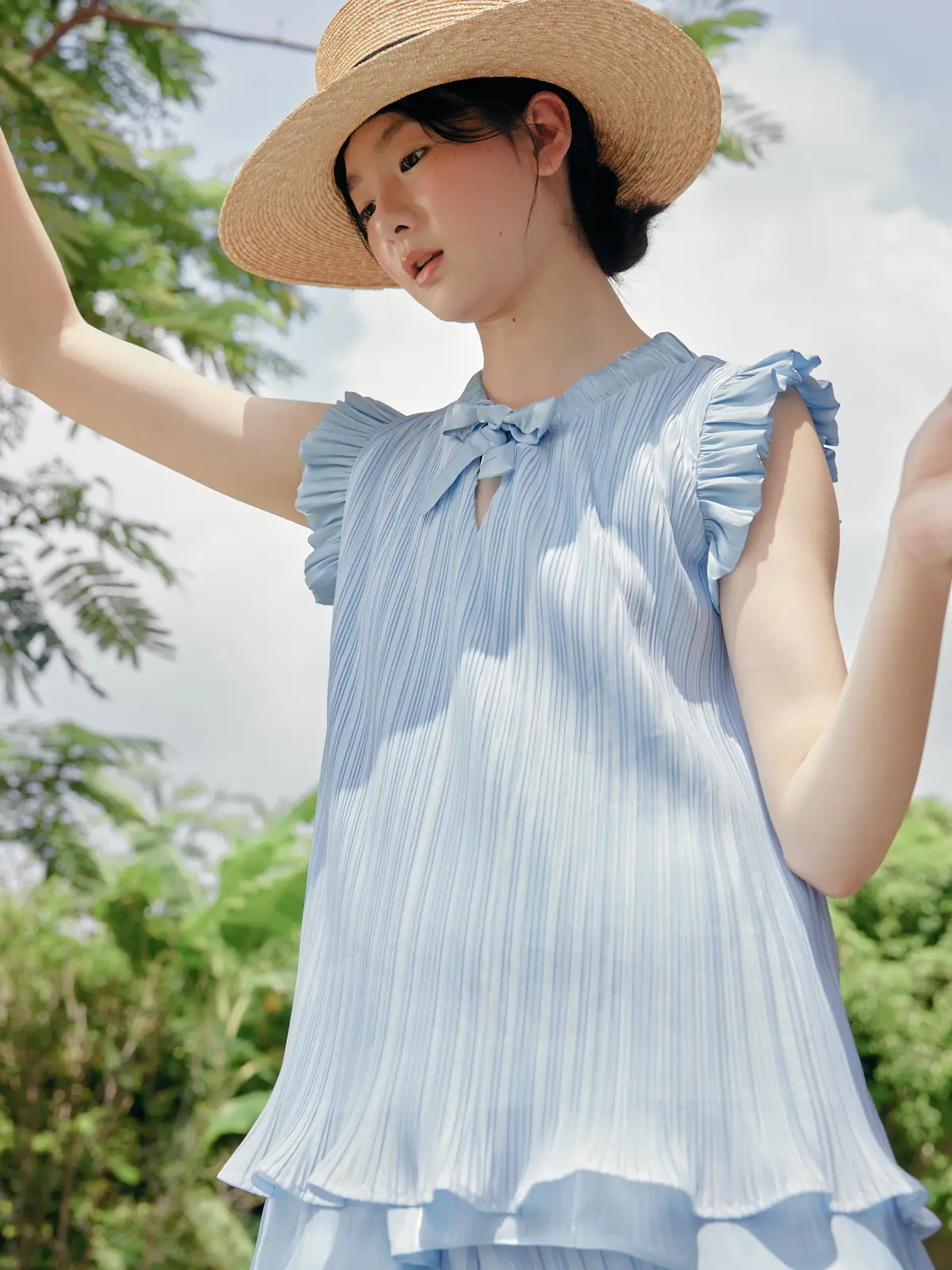 

Летняя серия Lemon Poem Island Holiday Knot Pleated Flng Sve Top Женский милый круглый топ Ne ort Sve T...