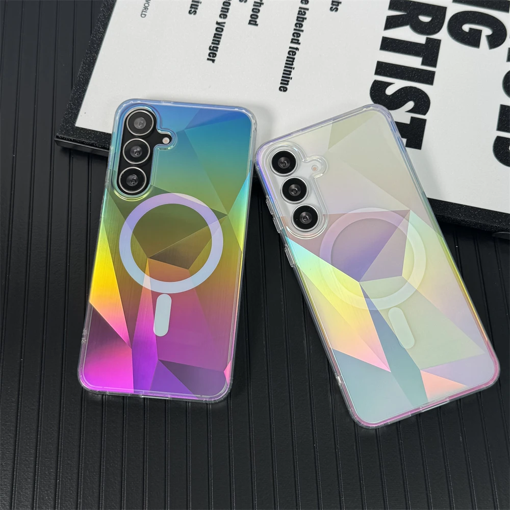Gradient Laser Rainbow For Magsafe Magnetic Phone Case For Samsung Galaxy S25 S24 Plus Ultra FE S25 Edge Wireless Charging Cover