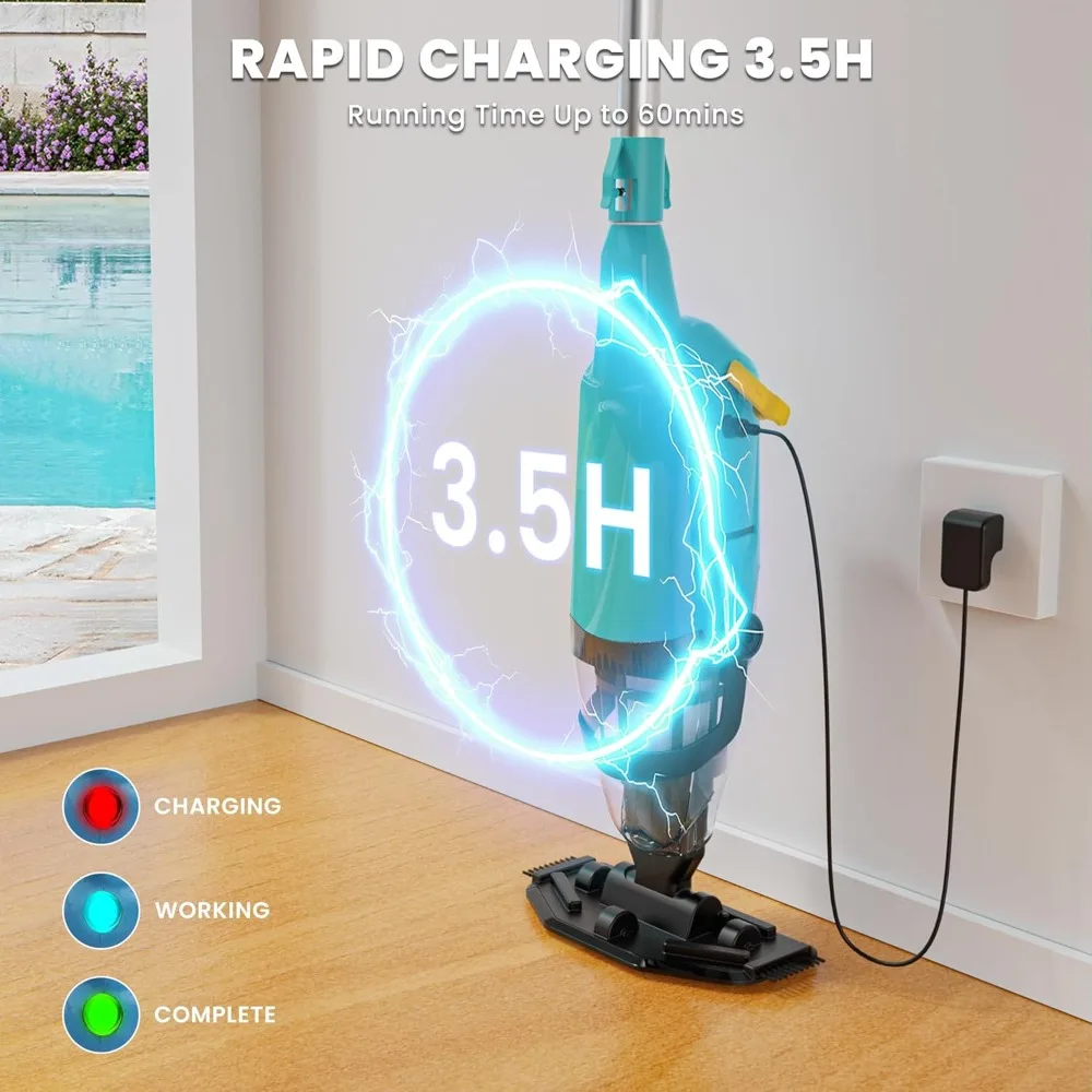 Pool Vacuum for Above Ground Pool, Cordless Handheld Rechargeable Pool Cleaner with Running Time Up to 60 Minutes for Sand and