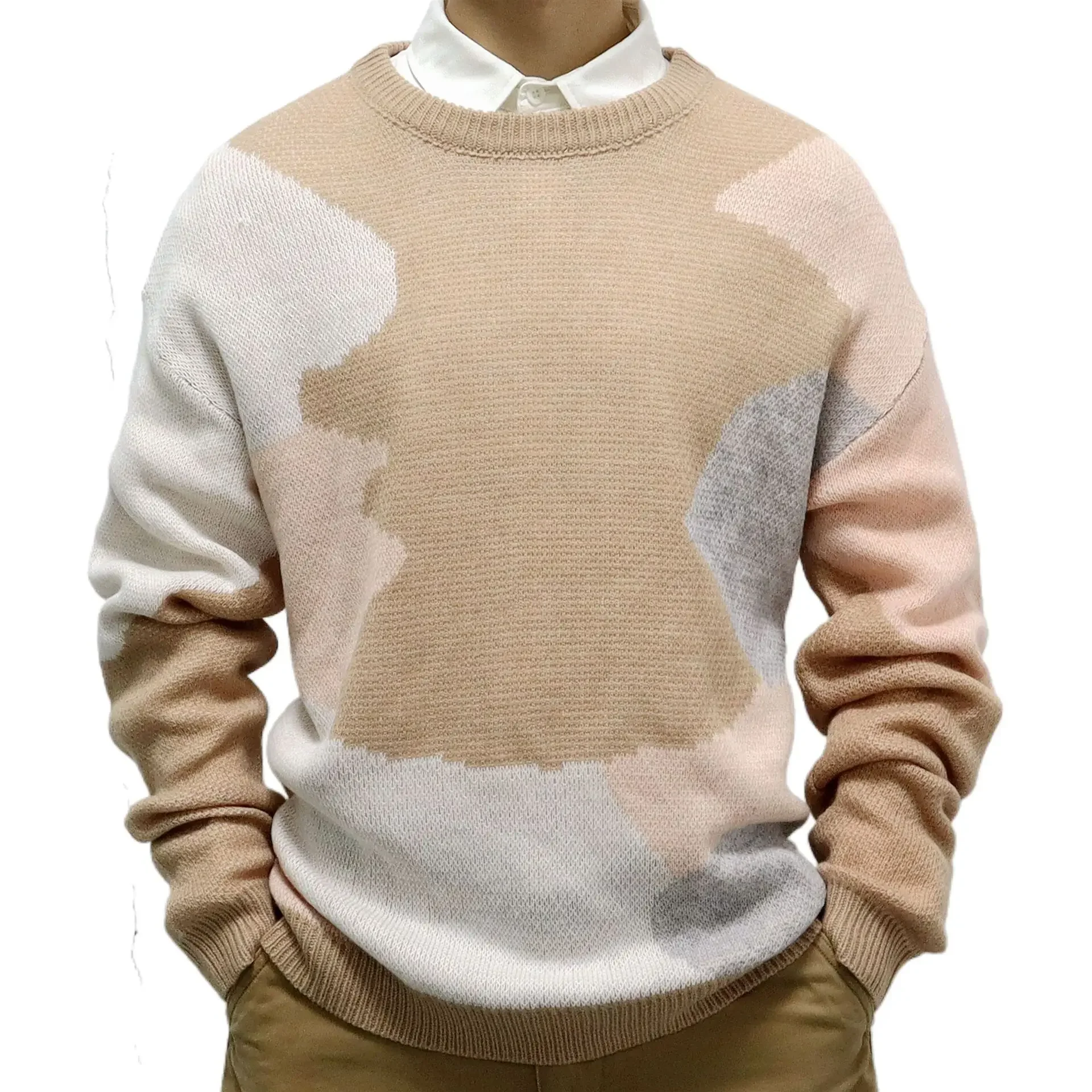 Menswear Sweater Spring and Autumn Contrast Thin Pullover Knit Tops O-Neck Long Sleeve Ropa Para Hombre