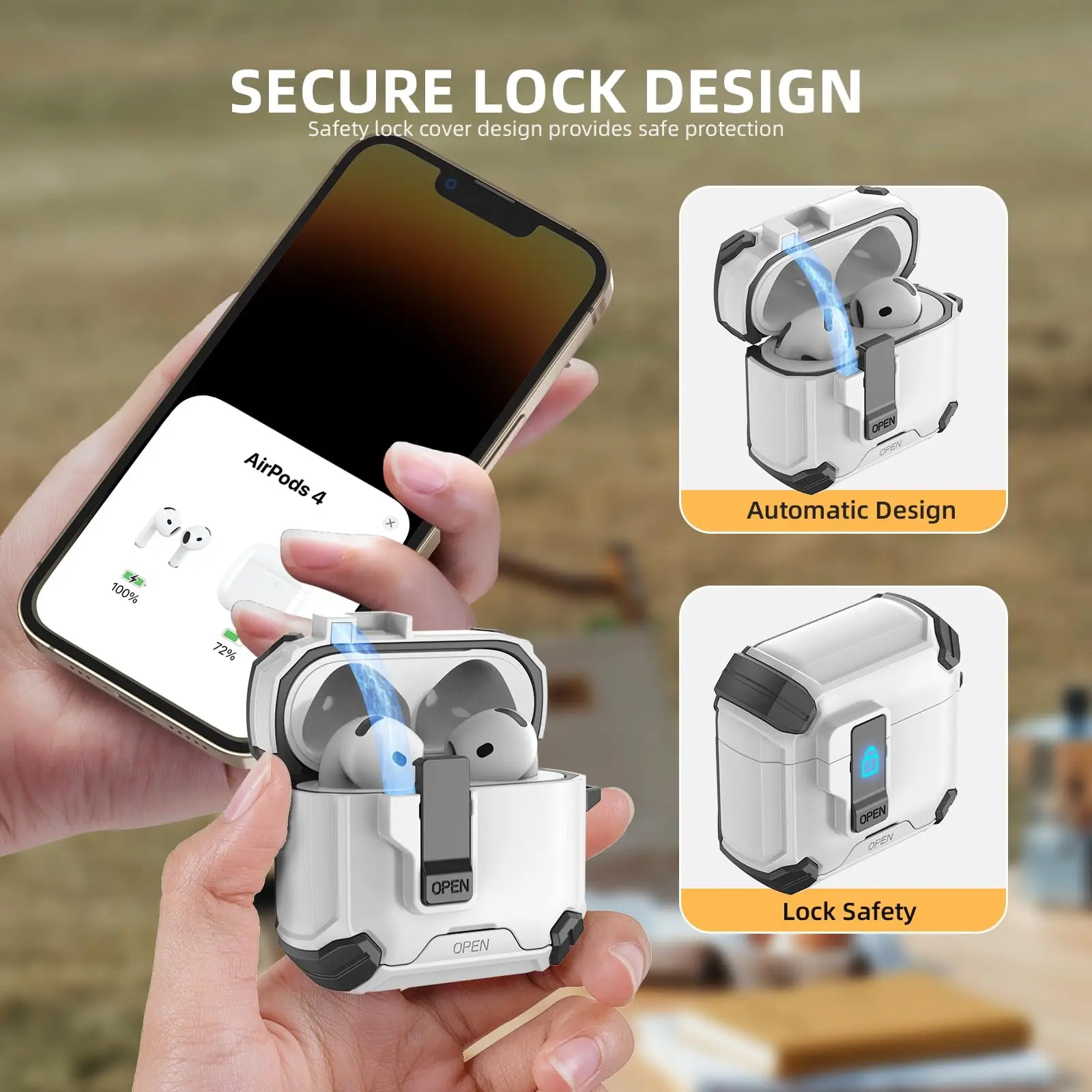 Etui na AirPods 4 z uchwytem na telefon Automatyczne otwieranie Pełna ochrona Bezpieczne etui z zestawem czyszczącym i brelokiem do kluczy dla AirPods 4