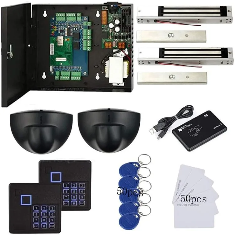 

Magnetic Lock Exit Motion Sensor 2 Doors TCP/IP Access Control System Kits Keypad Reader Control Board 110V Power