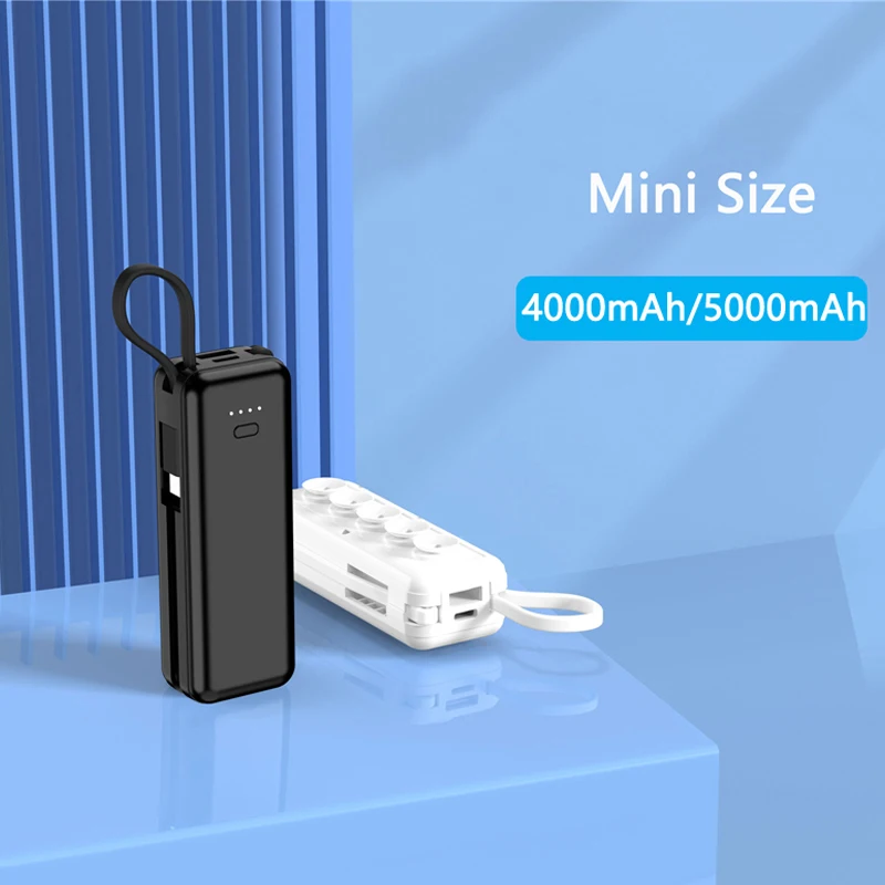 5000mAh Power Bank Mini Size Poverbank Portable Mobile Powerbank External Battery Pack Spare Bateria Built in Cable for IPhone