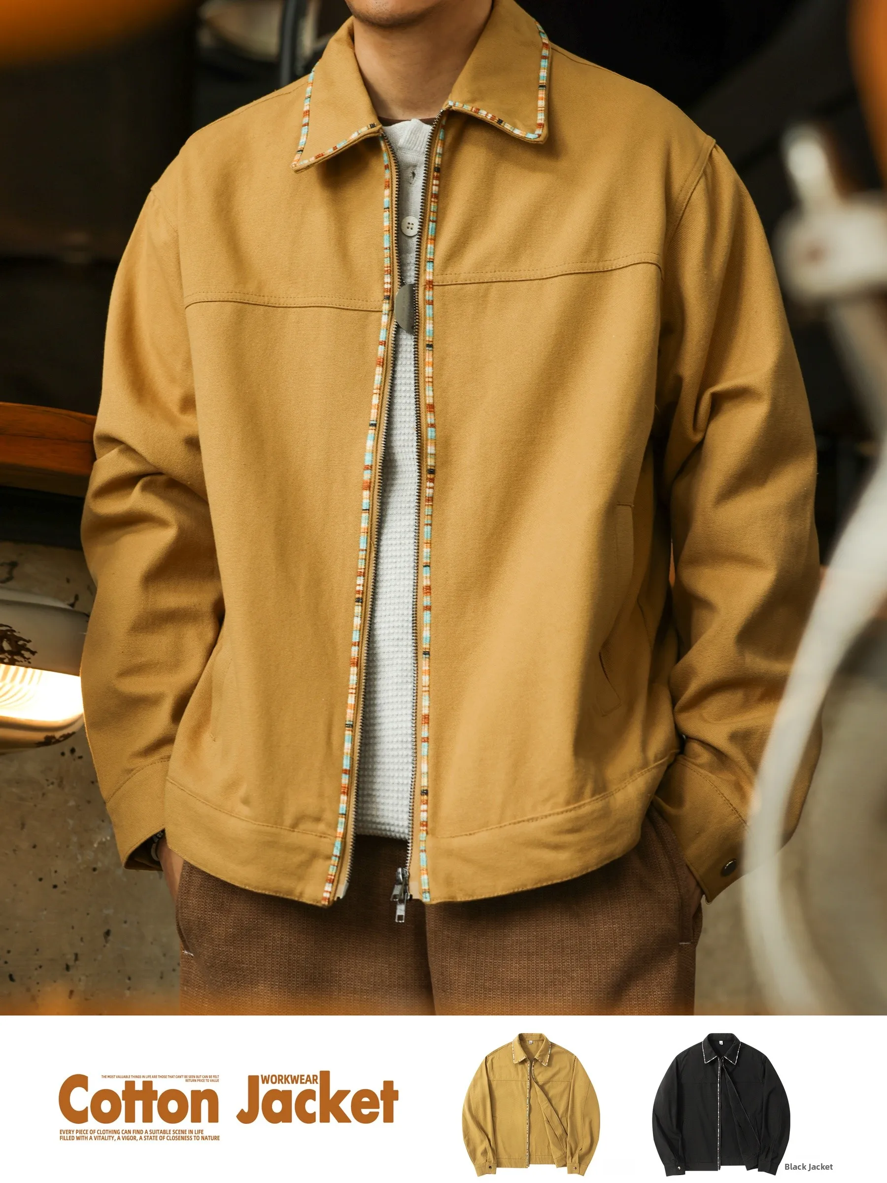 

BGYO Deer Rise, американский ретро холст, мужской винтажный тканый полосатый дизайн, воротник-стойка, рабочая одежда, верхняя одежда, хлопковая длинная одежда...