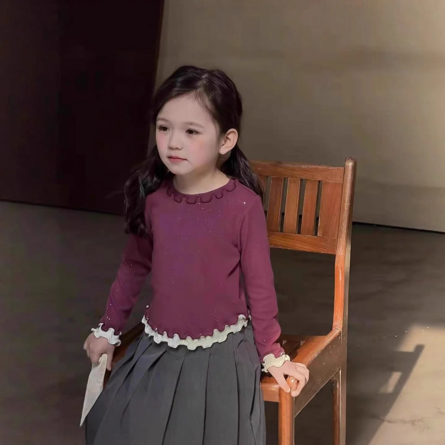 UNITIM Autumn Children Girls Undershirts 2-8Yrs Kids Girls Shiny Long Sleeves Loose Fake Two Piece Tees for Infant Babys Girls