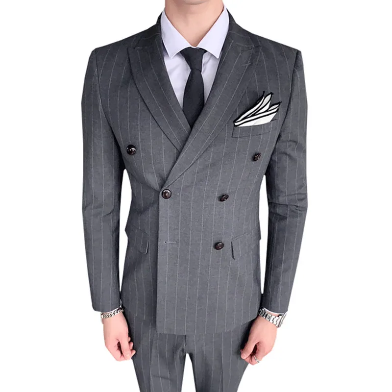 Stripe Men Suit Coat Set Male Double Breasted Slim Fit Business  Formal Wedding Grooms 3 Pieces Set Blazers Jacket Pants Vest