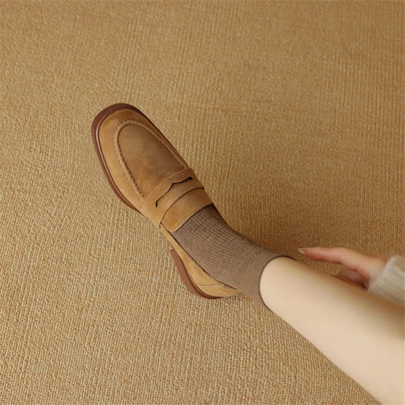 2024 Spring Sheep Suede Women Shoes Round Toe Chunky Heel Women Pumps Shoes for Women Deep Mouth Loafers Low Heels Ladies Shoes