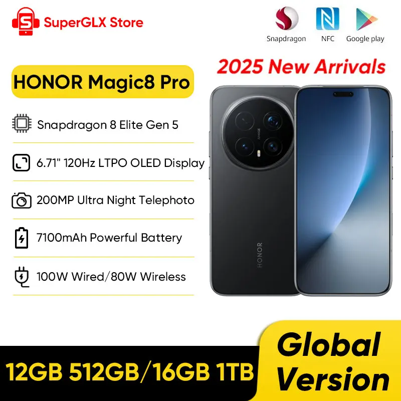 HONOR Magic8 Pro Global Version 5G AI Smartphone Snapdragon 8 Elite Gen 5 6.71''120Hz OLED Screen 200MP Cameras 100W SuperCharge