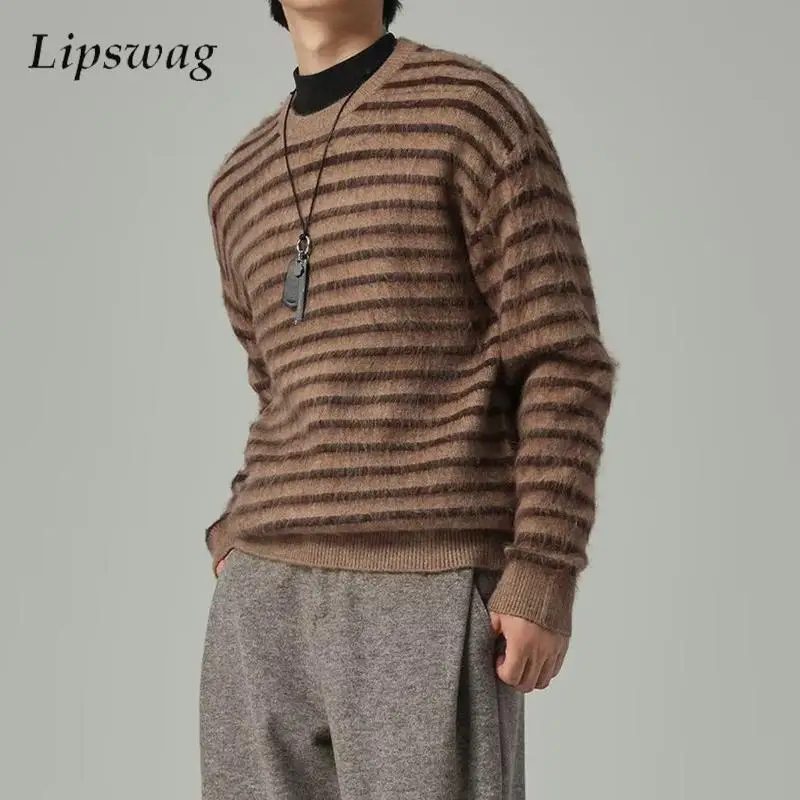 

Уличные повседневные мужские свитера с круглым вырезом, флисовые пушистые уютные полосатые вязаные джемперы, мужские осенне-зимние модные вязаные толстовки