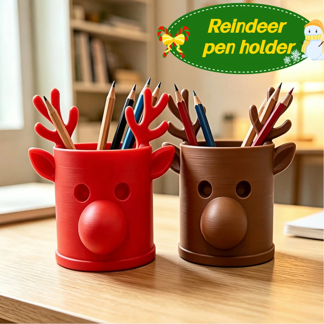 Christmas Elk Pencil Cup Matte Plastic Animal Pen Pot Large Capacity Desktop Stationery Storage Holder for Students & Workers