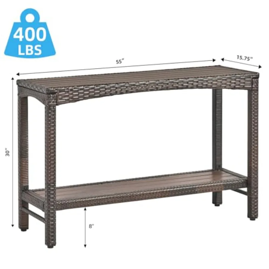 Outdoor console table for patio buffet and bar storage, wicker material, natural brown color, 55-inch long narrow tall rectangl