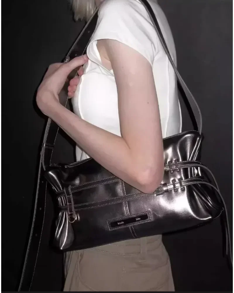 

pleated shoulder strap one-shoulder underarm bag handbag, women's motorcycle bags, women's cool leather shiny bread bags