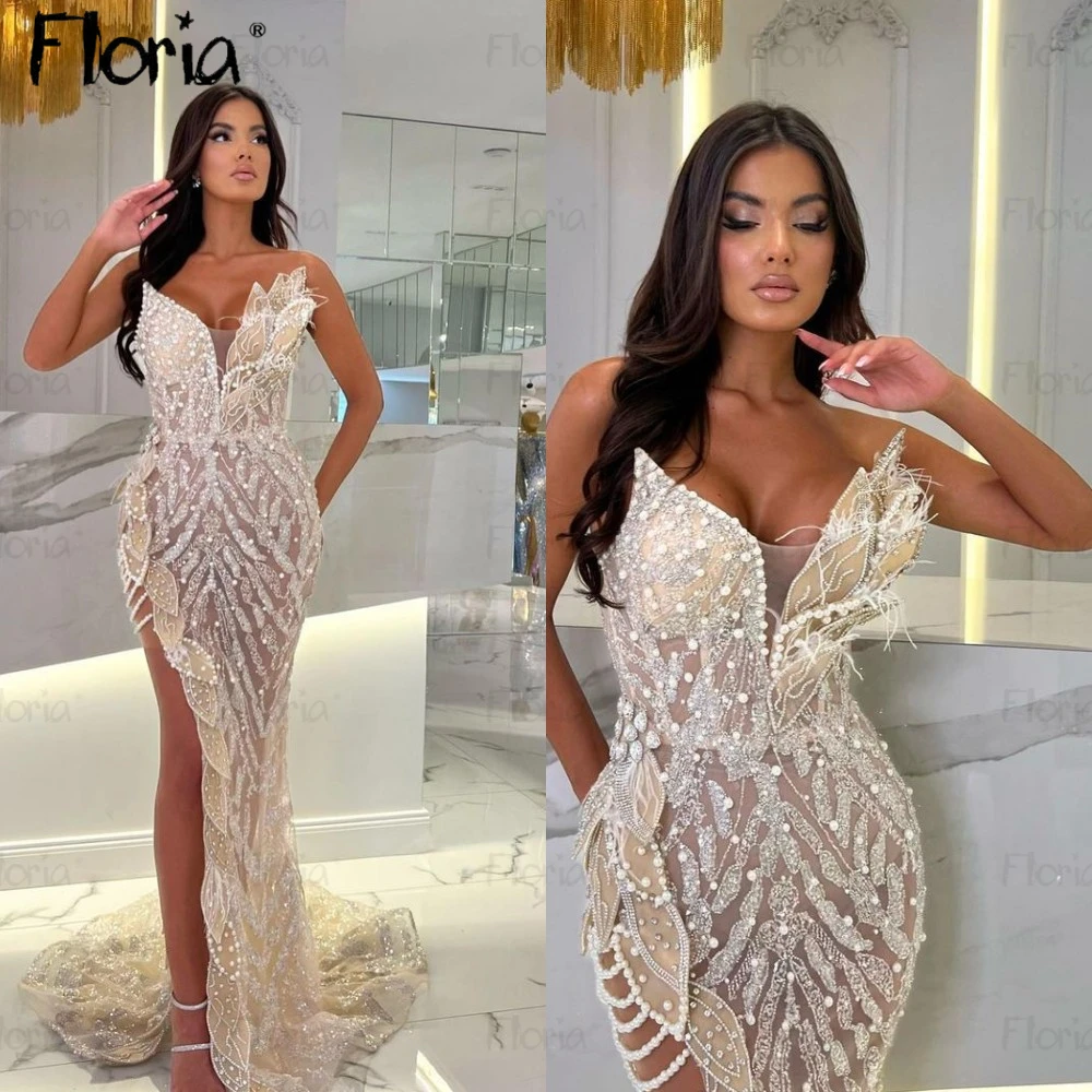 Lado fenda frisada pena vestido de noite, Formal Prom Vestidos, Folha Design, Celebrity Influencer Dress