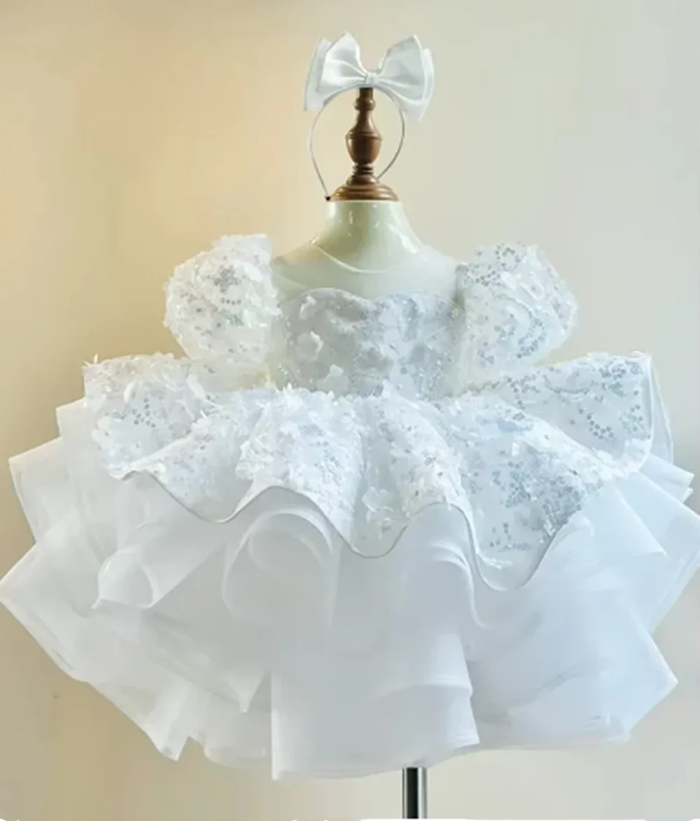 

White Flower Girl Dress Sequined Shiny Puff Ruffles Short Sleeves Dresses For Kids First Communion Birthday Party Gowns
