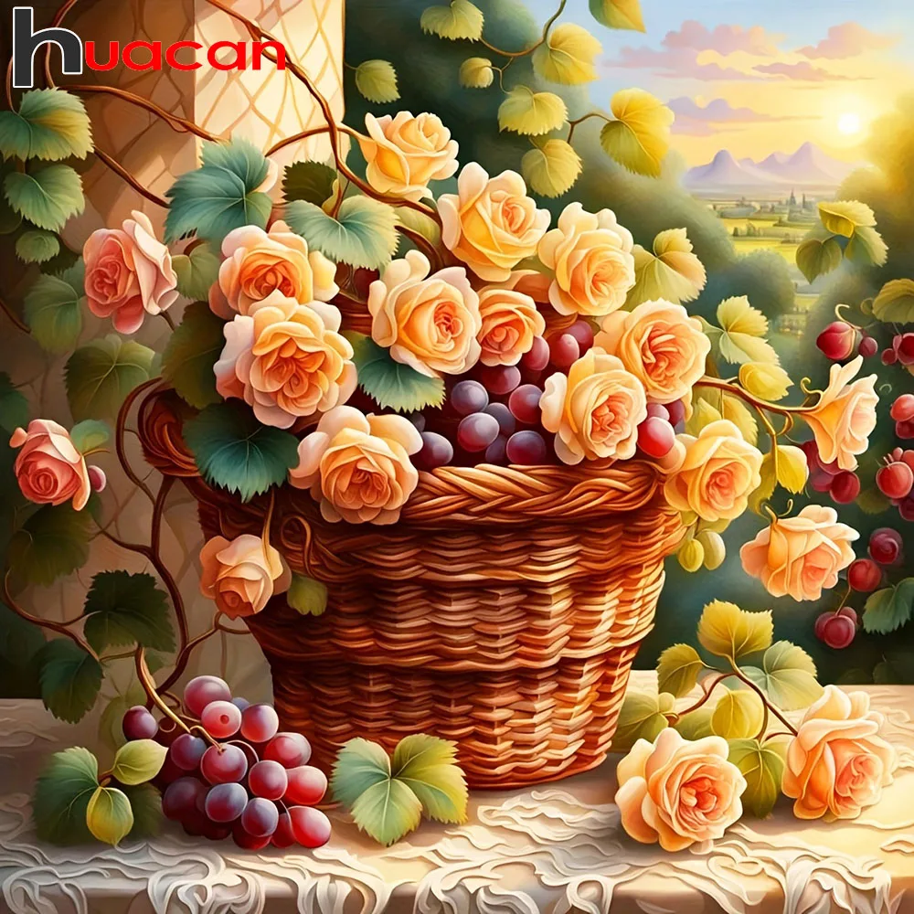 Huacan Vollquadratische und Runde Diamant-Malerei Rosenkorb Diamant-Mosaik Blumen-Set Heimdekoration