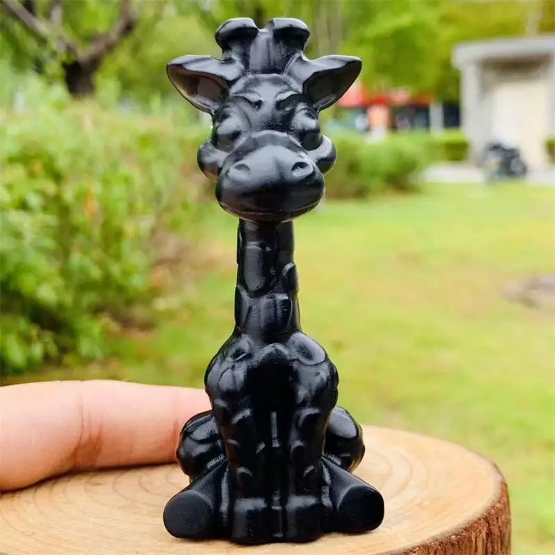 

12CM Natural Black Obsidian Giraffe Carving Animal Landscaping Healing Christmas Home Office Decoration Gift 1pcs