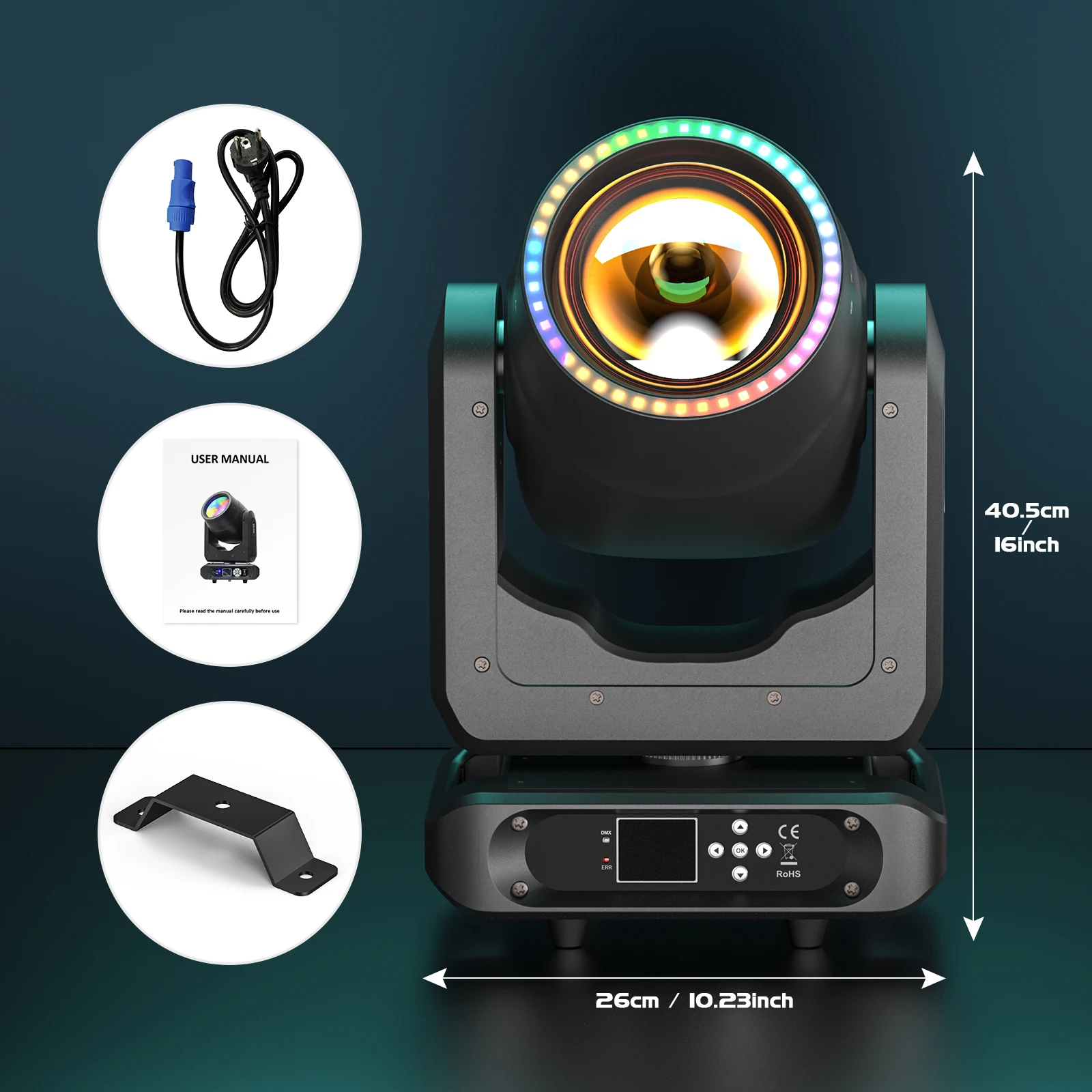 U'King 200W Beam Moving Head Licht DMX512 Bühnenlicht RGB LED Lichtleiste 8+16 Prismen Regenbogeneffekt für DJ Disco Konzertparty – Detail 4