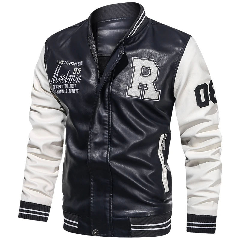 

Men's Motorcycle Suit Leather jacket Color blocking American baseball collar pilot casual PU leather jacket