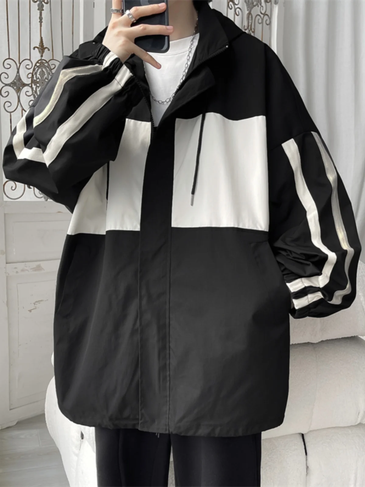 

Мужская уличная куртка оверсайз в стиле Street Style, весенне-осенняя, с цветовыми блоками, в рабочем стиле, функциональная ветровка, молодежная повседневная куртка