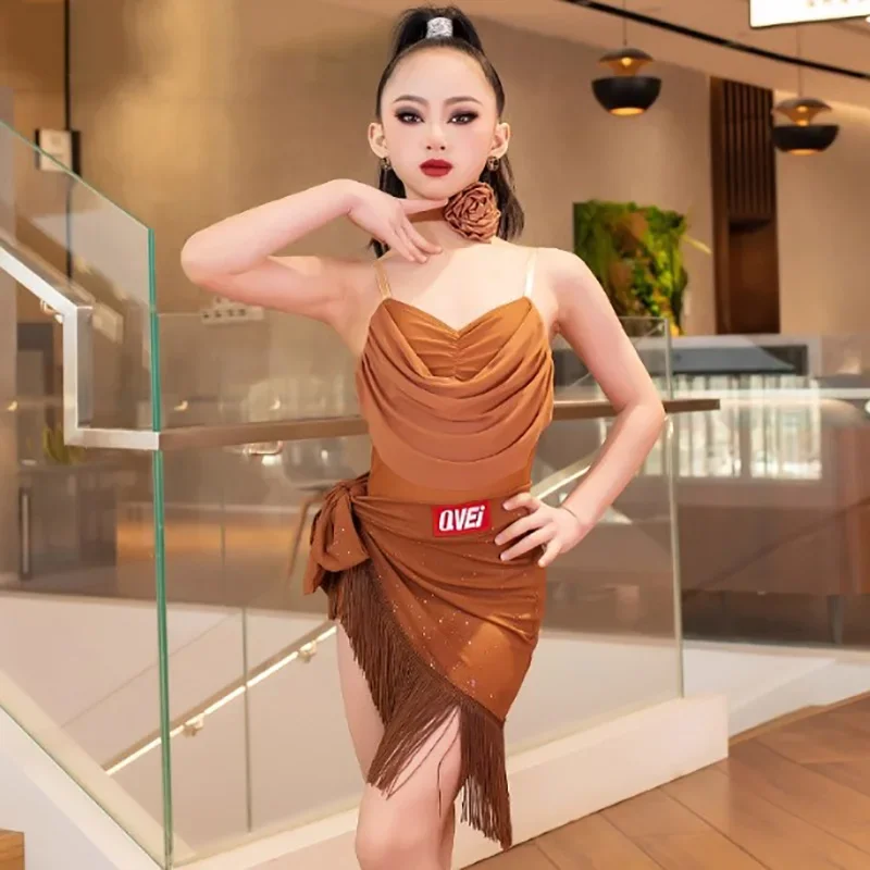 

Коричневые детские костюмы для латинских танцев для девочек, боди на бретелях и шарф с кисточками, юбки, комплекты детской танцевальной одежды для выступлений в стиле румба-ча